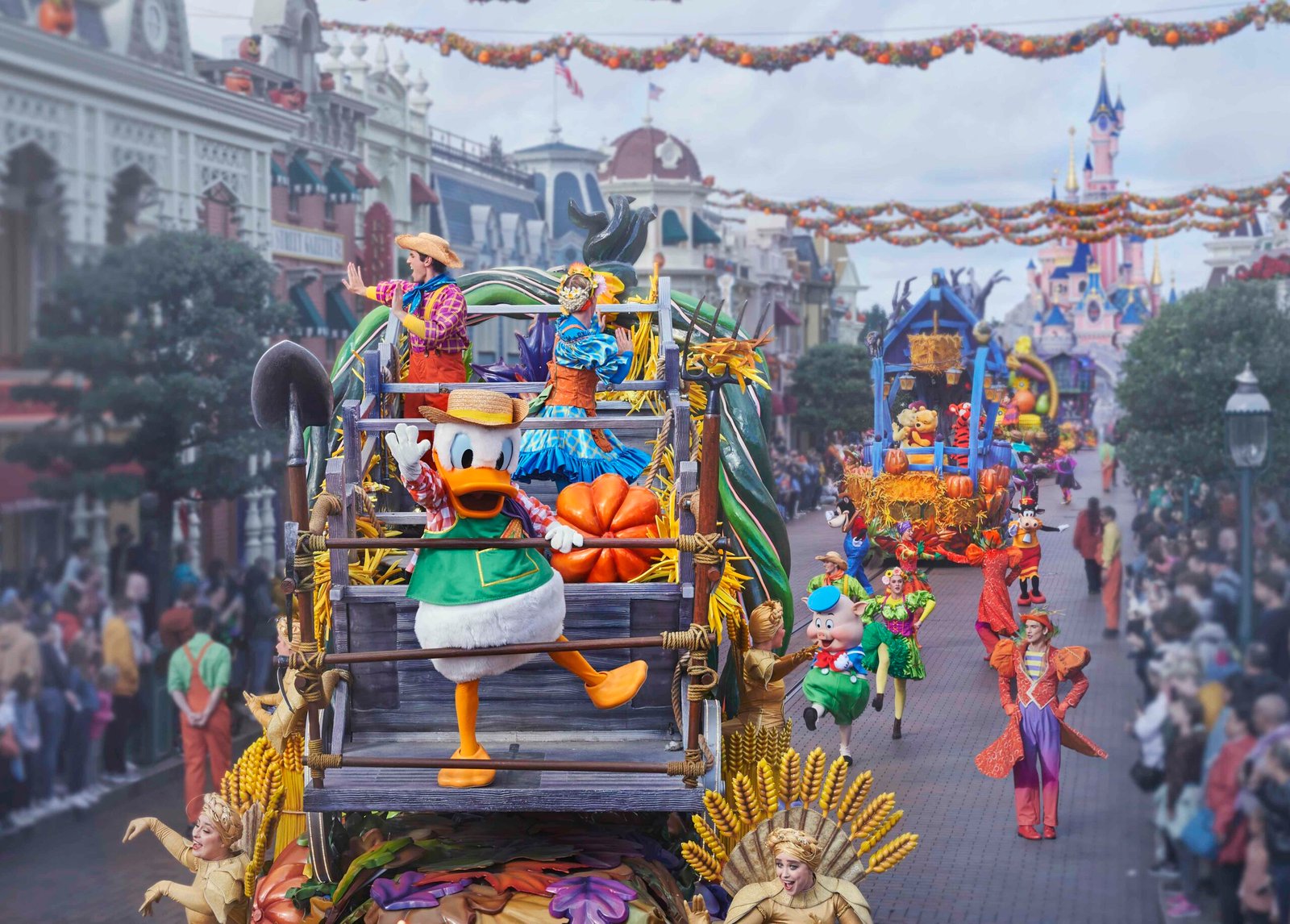 Parade float with Donald Duck in autumn harvest décor