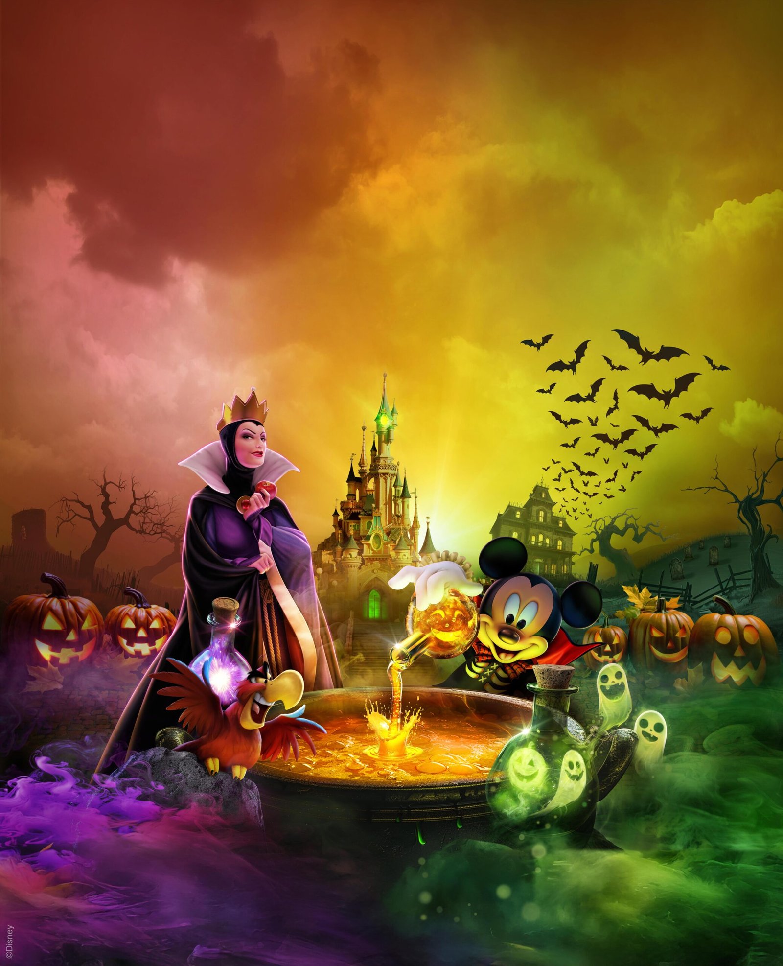 Disney Halloween key art with Villains, pumpkins and Sleeping Beauty Castle
