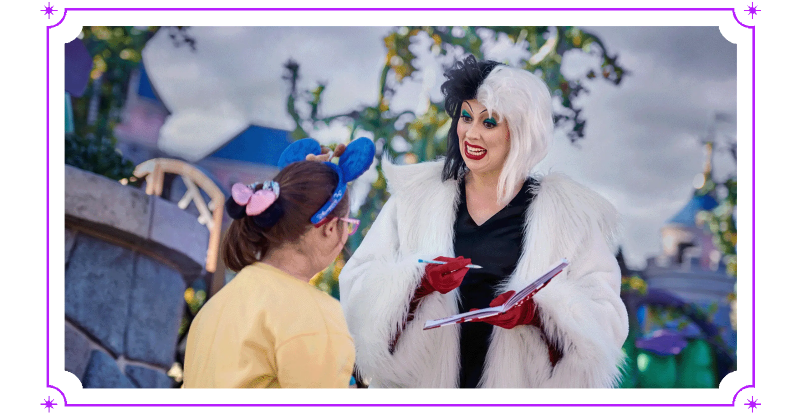 Cruella de Vil meeting a young guest during Halloween at Disneyland Paris