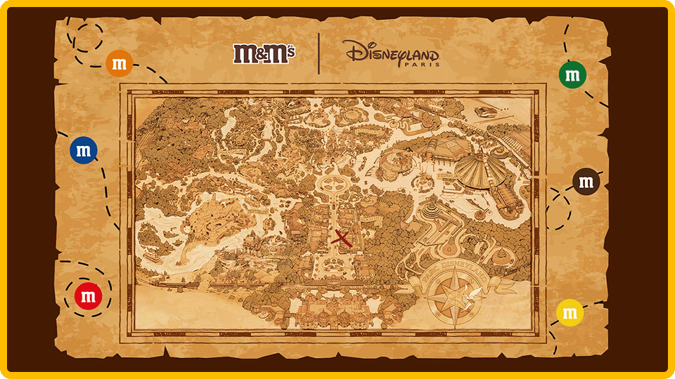 M&M’s treasure hunt map at Disneyland Paris with colourful markers