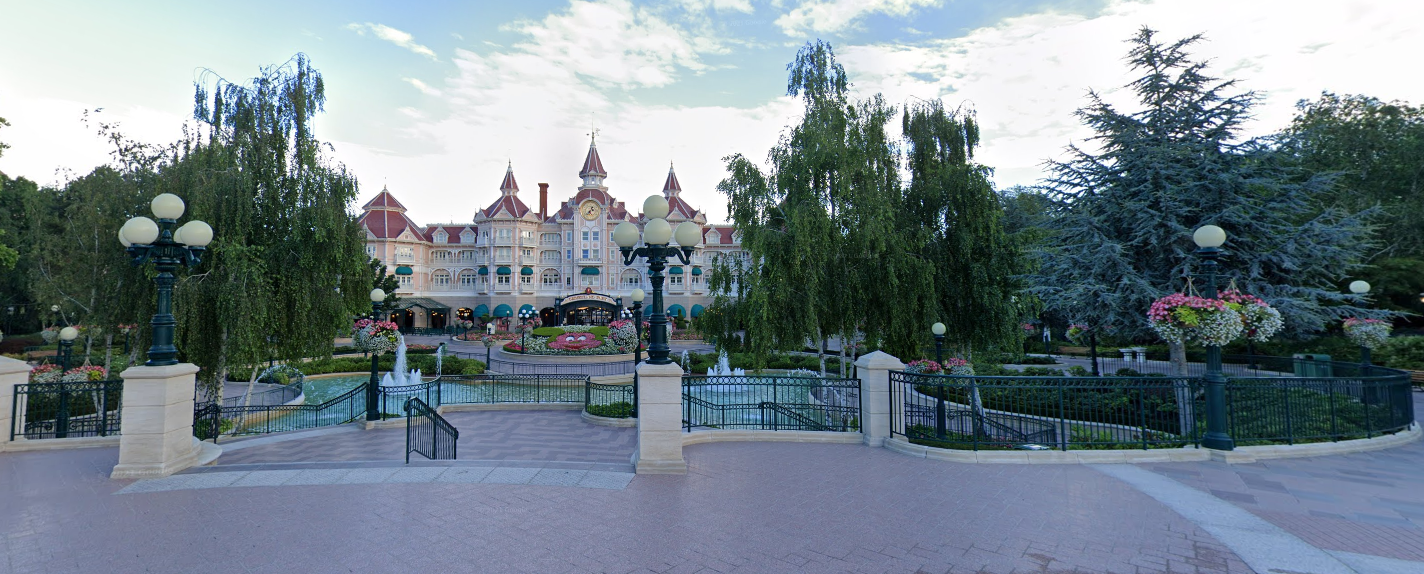 Pathway from a Disney hotel leading toward the park entrance